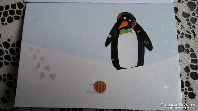Háromdimenziós pingvines karácsonyi képeslap