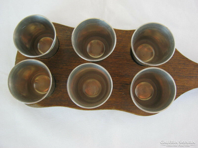 Retro pálinka serving set of 6 pewter brandy glasses on a wooden tray