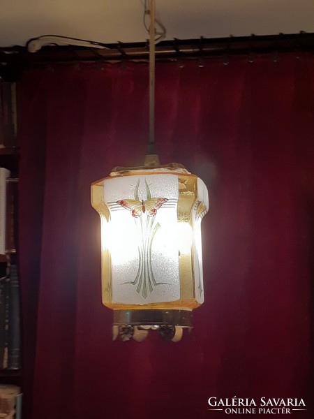 Art Nouveau antique copper pendant lamp, with acid-etched and painted shade