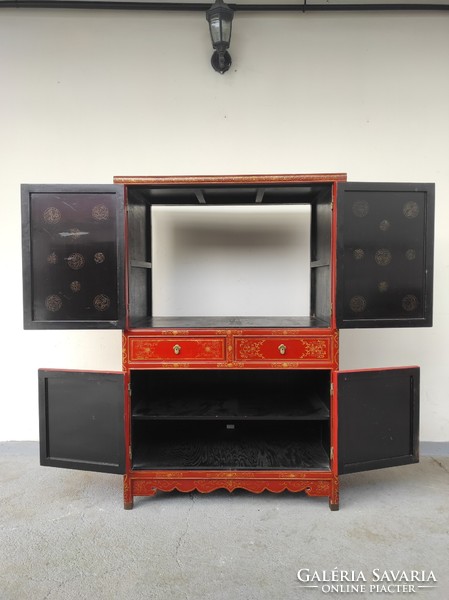 Antique Chinese furniture gold relief painted exotic English red lacquer cabinet 834 6299