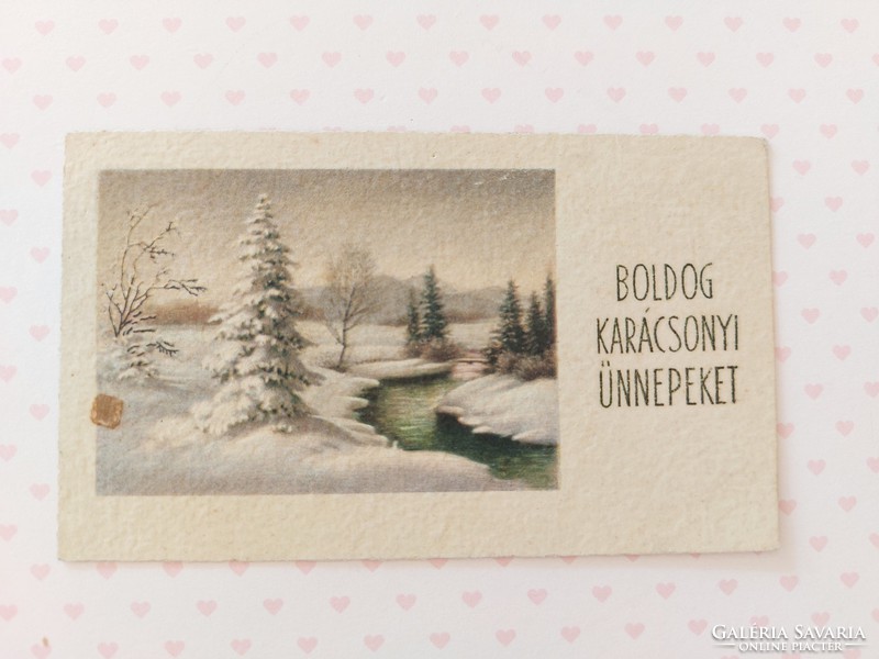 Régi karácsonyi mini képeslap üdvözlőkártya havas tájkép patak