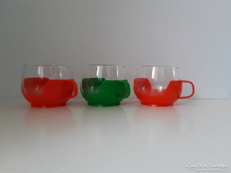 3 retro glass cups + plastic holder - from around the 70s