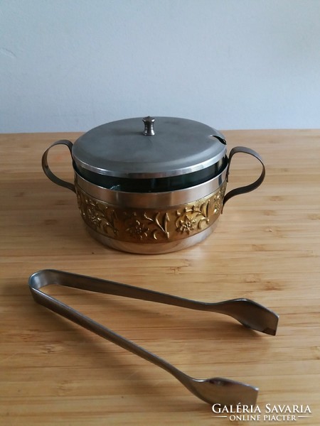 Metal sugar container with glass insert, gift sugar tongs