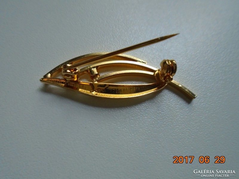 Gold-plated brooch with rhinestones, safety clasp
