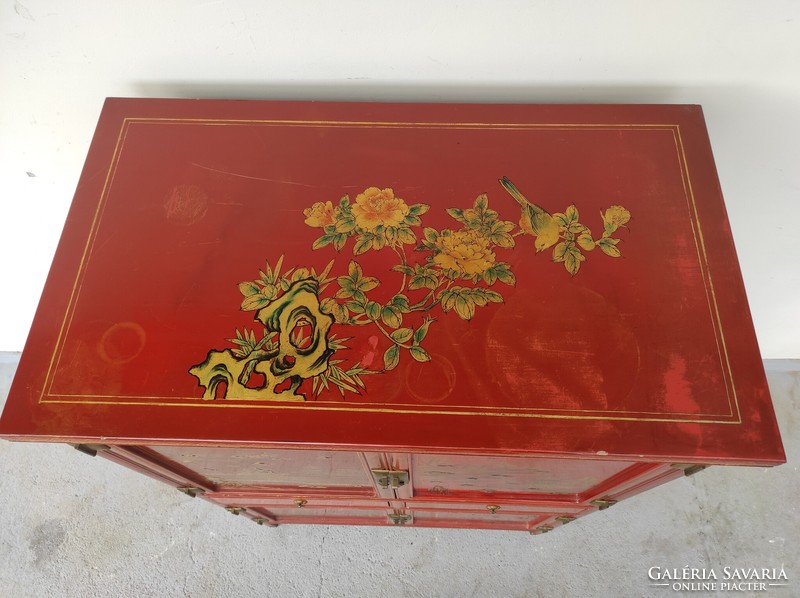 Antique Chinese furniture gold relief painted exotic English red lacquer cabinet 834 6299