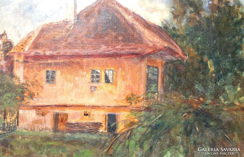 Pirostetős ház (kerettel 51x38 cm) olaj, kasírozott vászon
