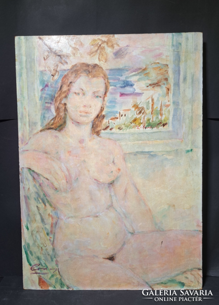 Akt az ablakban (olaj, farost 70x50 cm) azonosítatlan jelzéssel, különleges női akt