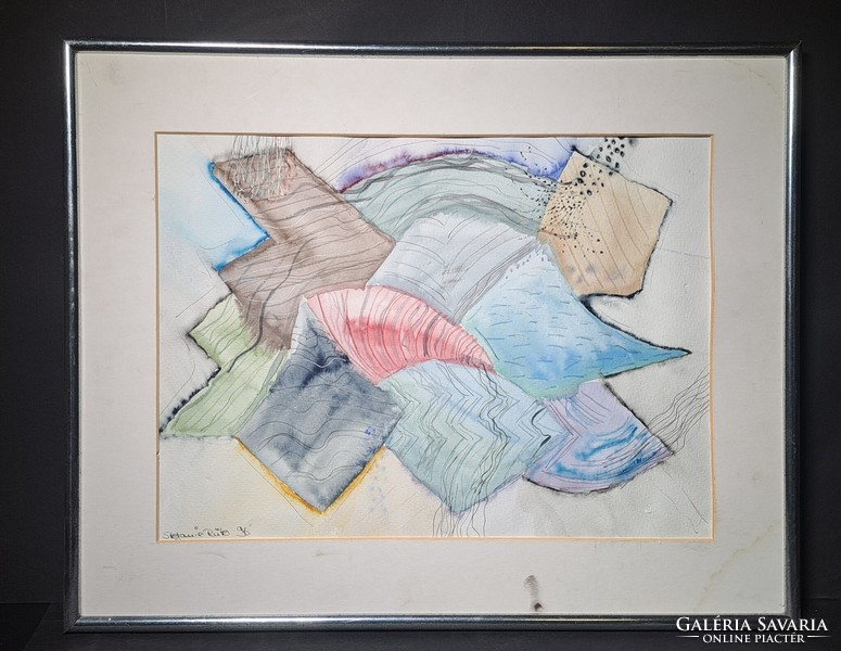 Absztrakt, vegyes technika, papír - Stefanie Rütes (?) 1996 (teljes méret: 50x40 cm)