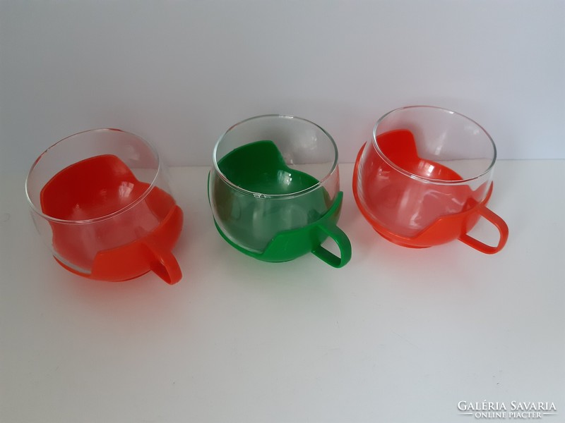 3 retro glass cups + plastic holder - from around the 70s