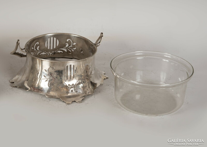 Silver basket tray with openwork pattern and glass insert