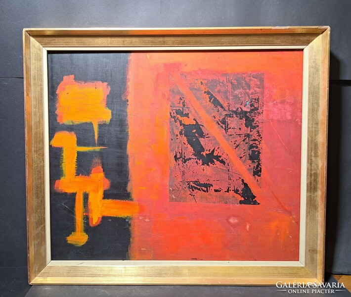 Red and black - abstract (oil, framed 67x58 cm) contemporary, unidentified artist - geometric