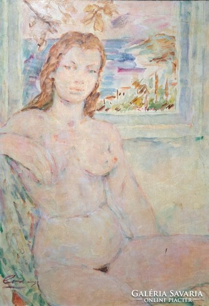 Nude in the window (oil, wood fiber 70x50 cm) with an unidentified mark, special female nude
