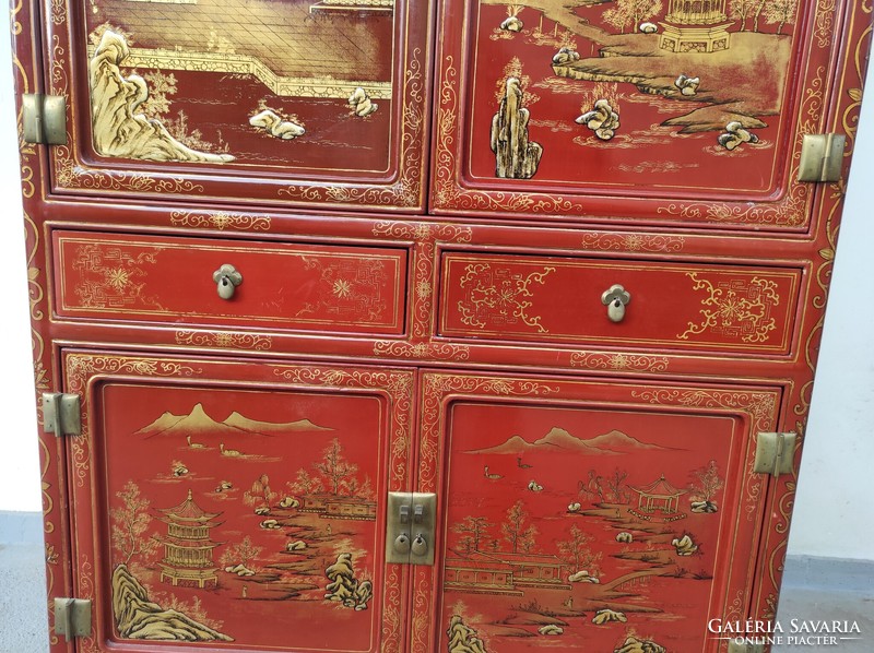 Antik kínai bútor arany dombor festéses egzotikus angolvörös lakk szekrény 834 6299