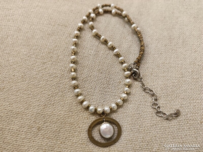 Silver and bronze necklace with blue pearls (silpada)
