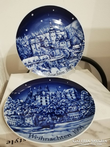 Pair of genuine cobalt landscape porcelain wall plates 1990-91