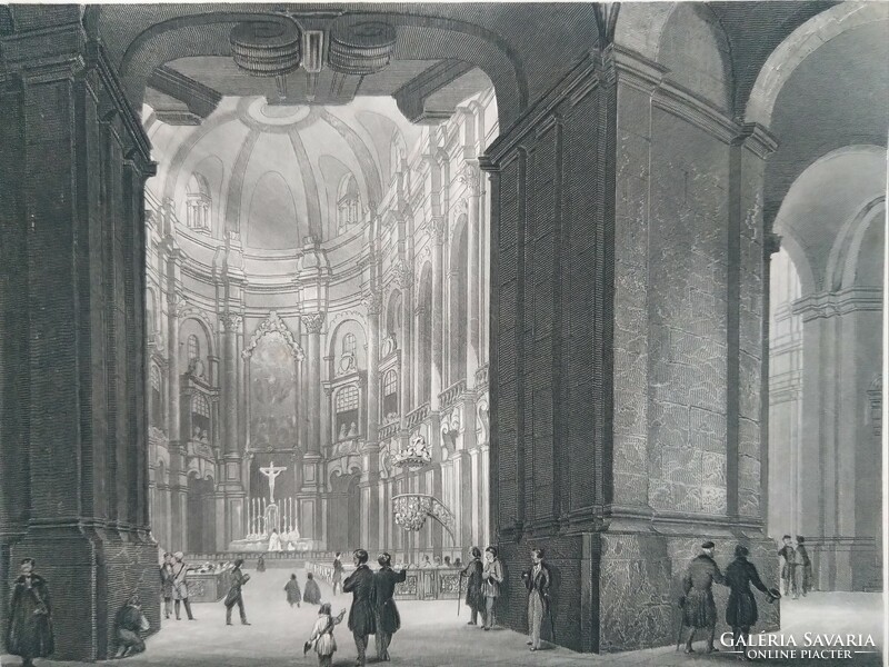 Interior of the Catholic church in Dresden, original woodcut ca. 1841
