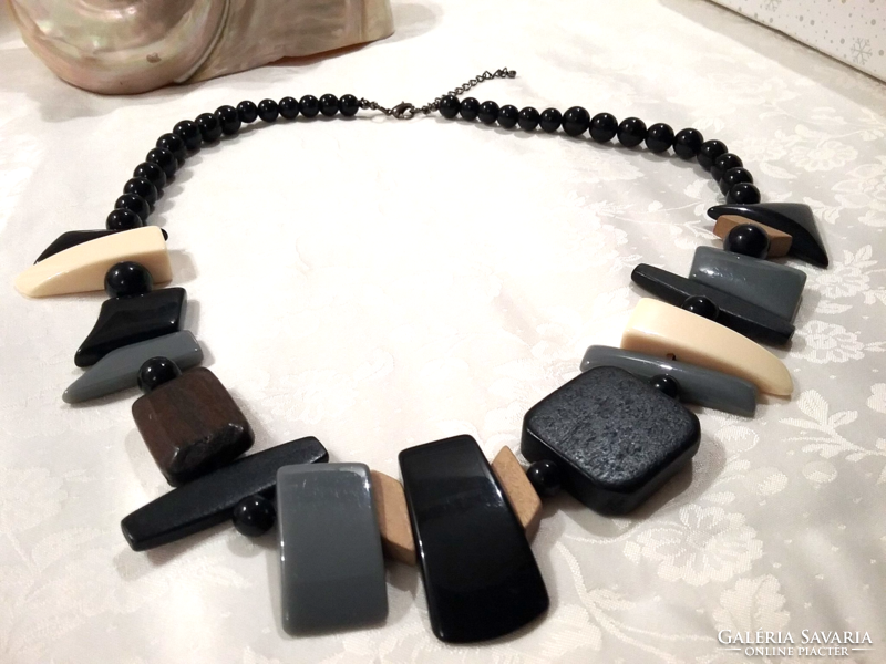 Unique necklace, vinyl, plastic and wood