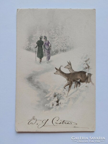 Old graphic postcard m. Munk Vienne postcard loving couple fawn blue winter landscape