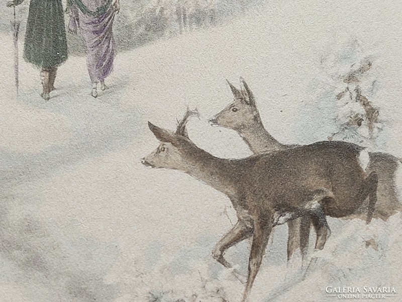 Régi grafikus képeslap M. Munk Vienne levelezőlap szerelmespár őzikék téli táj