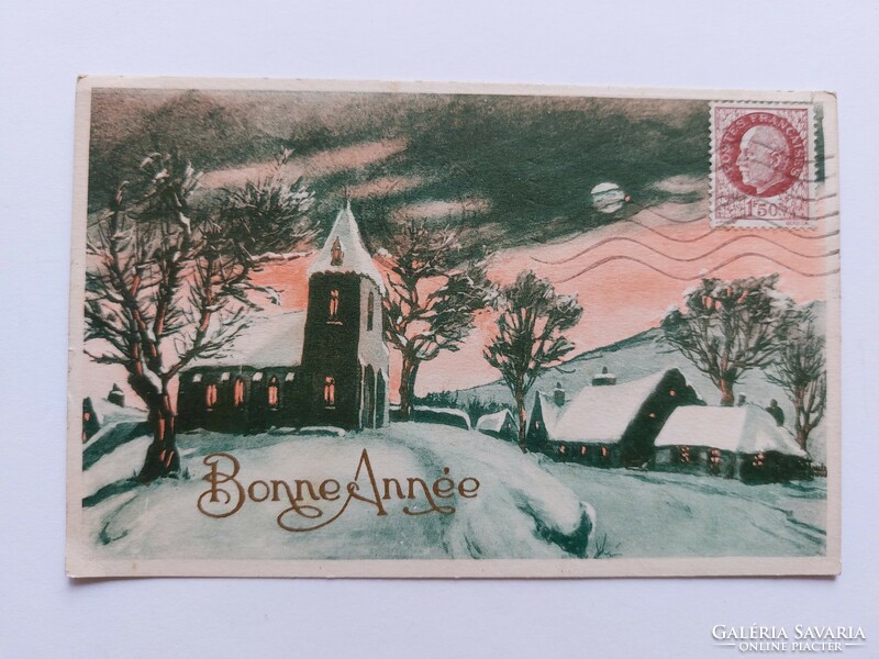 Régi újévi képeslap levelezőlap esti havas táj templom