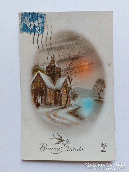 Régi újevi képeslap 1924 levelezőlap templom havas táj