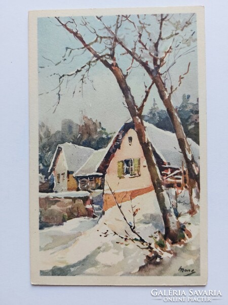 Régi karácsonyi képeslap levelezőlap havas táj házikók