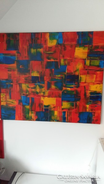 Swiss oil painting blue red yellow orange checkered geometric abstract