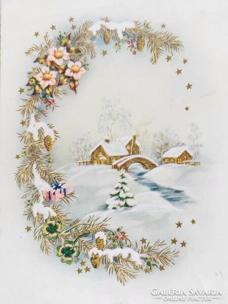 Régi karácsonyi képeslap 1962 levelezőlap havas táj fenyőág lóhere