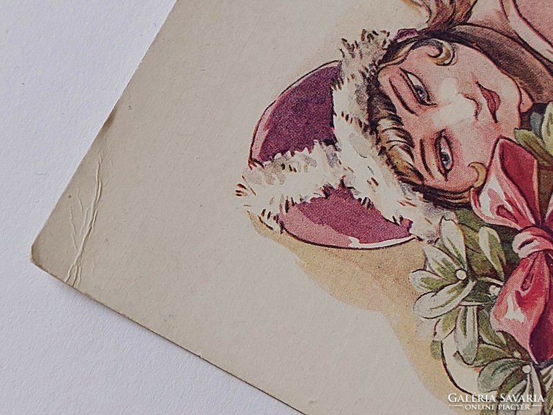 Régi karácsonyi képeslap rajzos levelezőlap kislány fagyöngy