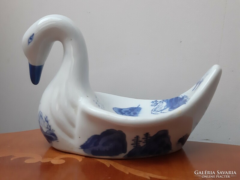 Dutch porcelain swan bowl with blue scene