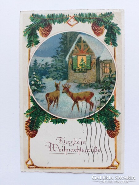 Régi karácsonyi képeslap levelezőlap őzike házikó toboz fenyőág