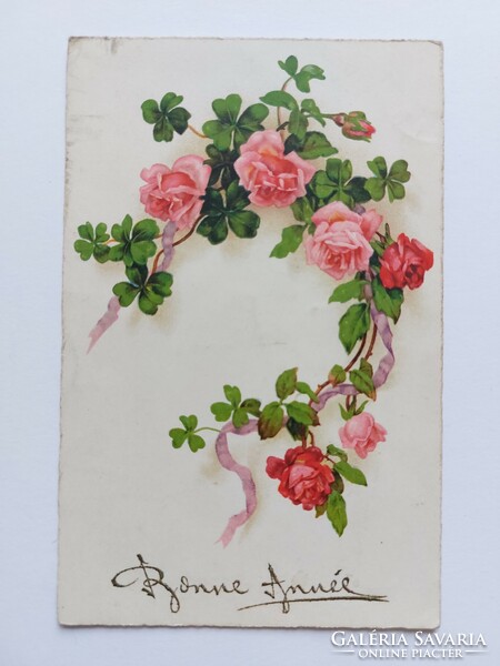 Régi újévi képeslap levelezőlap lóhere rózsa