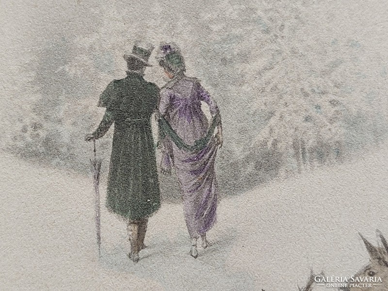 Régi grafikus képeslap M. Munk Vienne levelezőlap szerelmespár őzikék téli táj
