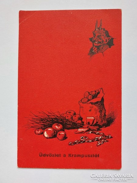 Régi képeslap piros levelezőlap Krampusz virgács dió alma