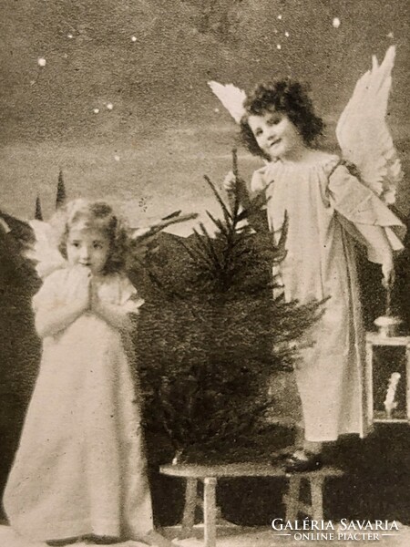Old Christmas postcard photo postcard angels Christmas tree