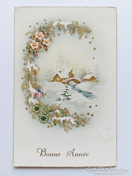 Old Christmas card 1962 postcard snowy landscape pine branch clover