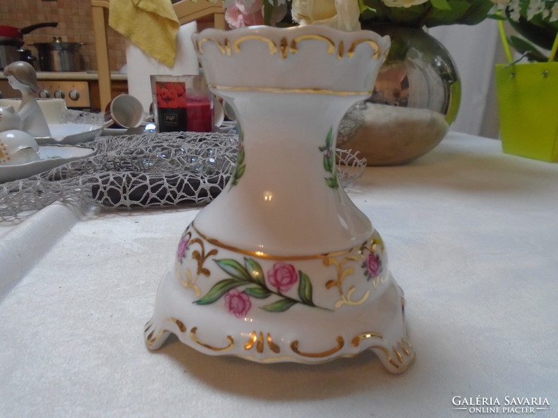 Szépséges régi virág mintás Hollóházi porcelán gyertya tartó hibátlan