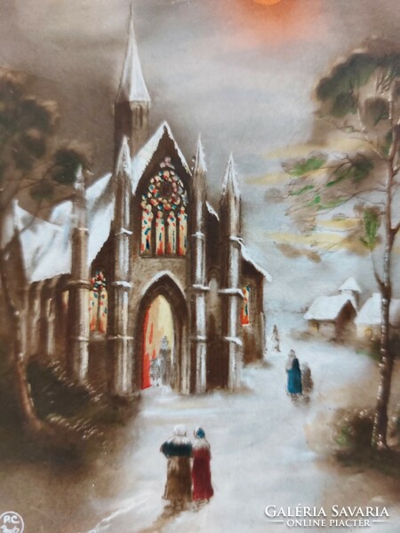 Régi karácsonyi képeslap levelezőlap templom havas táj