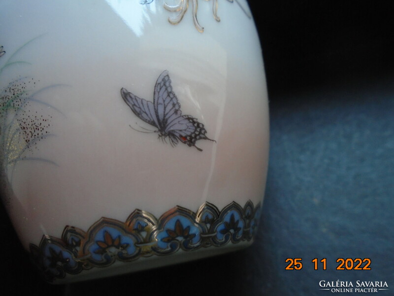 New decorative small Japanese vase with partially pink glaze, gilded flower and butterfly patterns