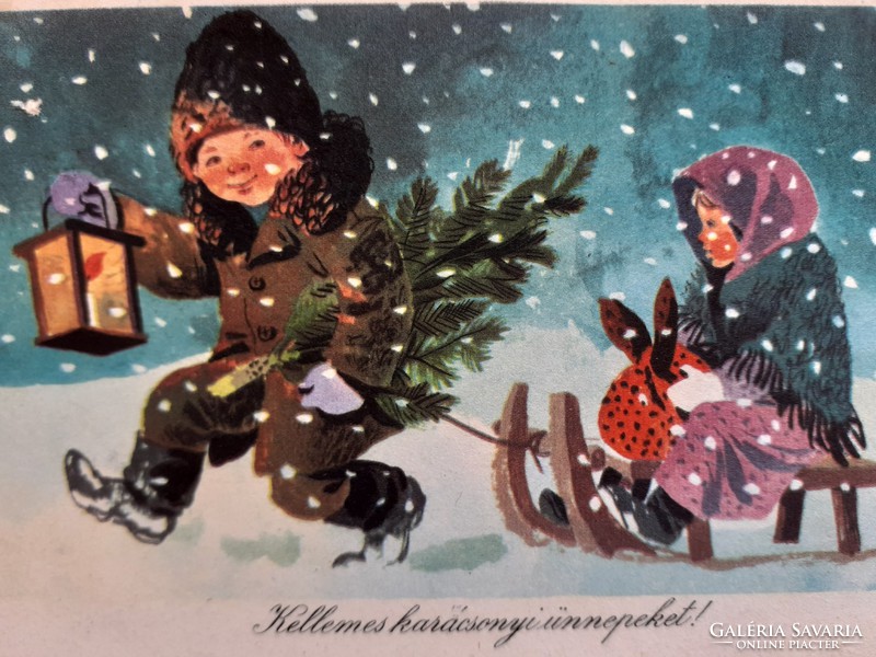 Régi karácsonyi képeslap szánkózás este hóesésben levelezőlap