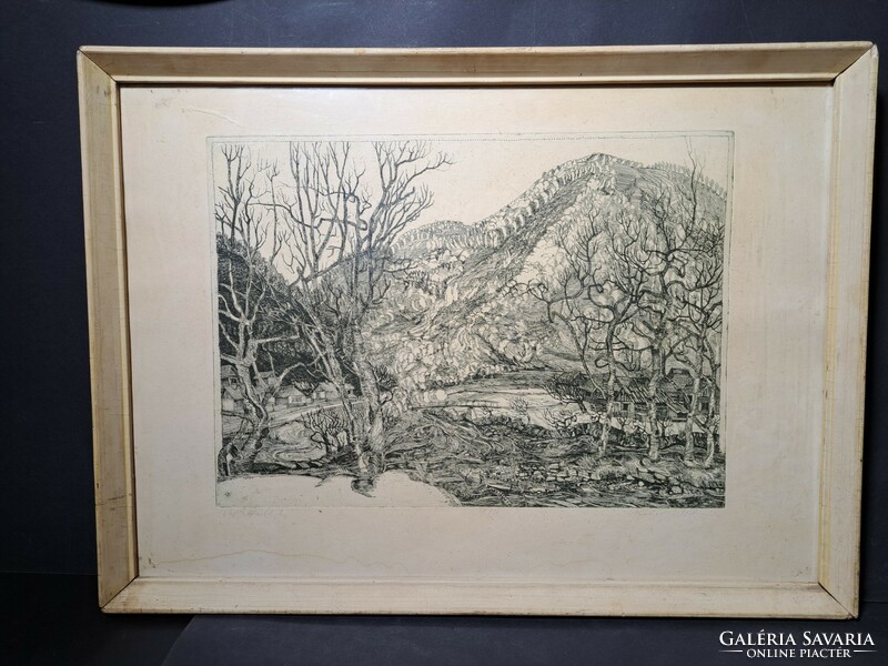 István Kádas (1941-): vájár lodge (etching) view of a mountain village with cottages - mining