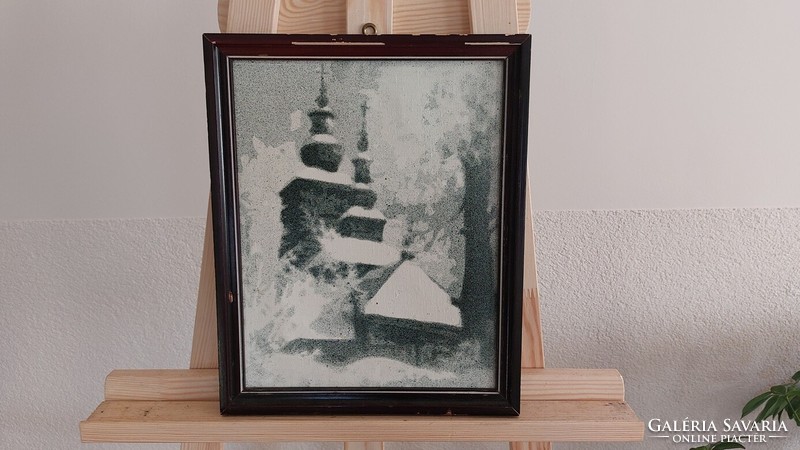 (K) beautiful small church painting 33.5x27 cm with frame
