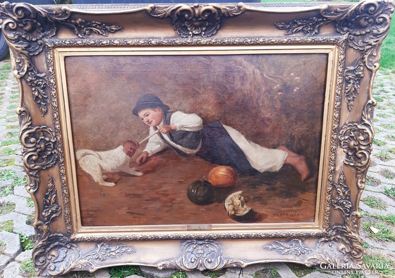Peske Géza (1859-1934) Kutyával Játszó Fiúcska