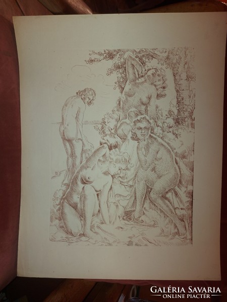 "Szárítkozó nimfák", 44×56 cm, valamilyen régi metszet, vagy rézkarc