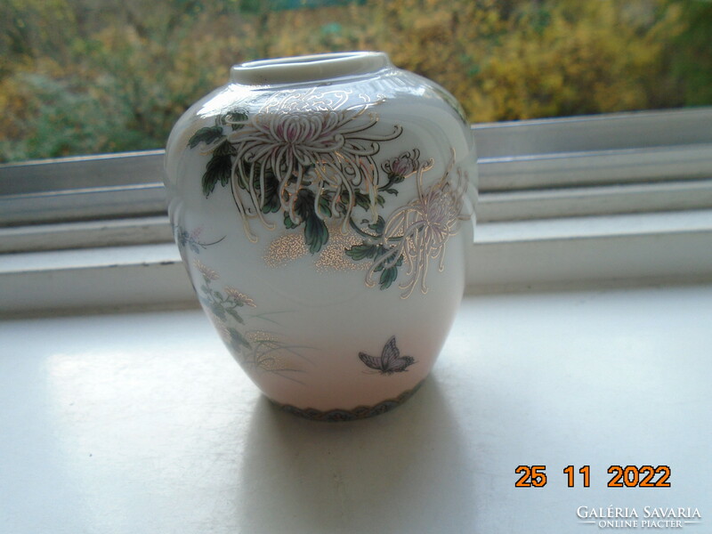 New decorative small Japanese vase with partially pink glaze, gilded flower and butterfly patterns