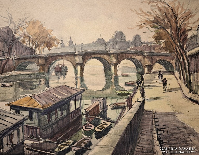 André Krafft (1911-1986) Párizs, Pont Neuf (akvarell) Szajna, párizsi utcakép, Franciaország