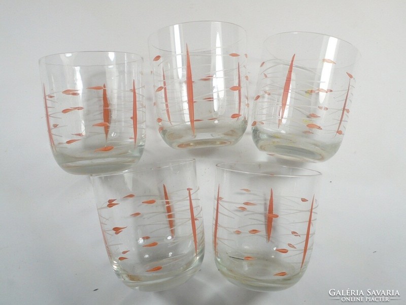 Üveg pohár készlet, festett mintával- 5db - kb. 1970-es évekből.