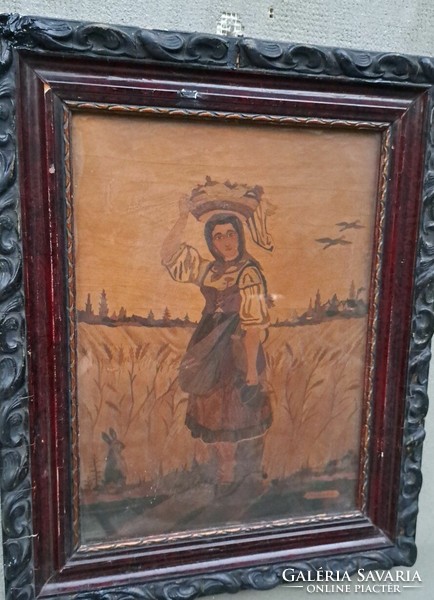 Lajos Bezdáni: antique marquetry, portrait, with rabbit. With original antique frame.