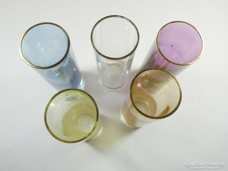 Retro régi aranyszélű,színes csőüveg cső üveg pohár készlet, hosszúkás pohár, kb. 1970-es évek.