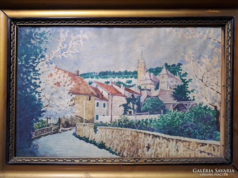 Utcakép akvarell 1934-ből! - szép kerettel, 50x36 cm